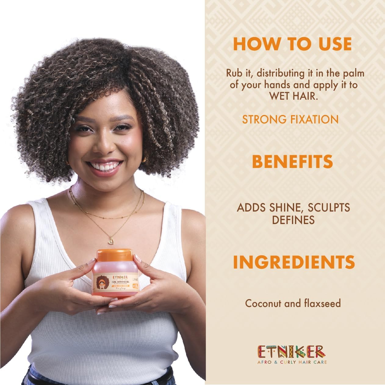 ETNIKER Curl Defining Gel applied to wet hair for defined curls.