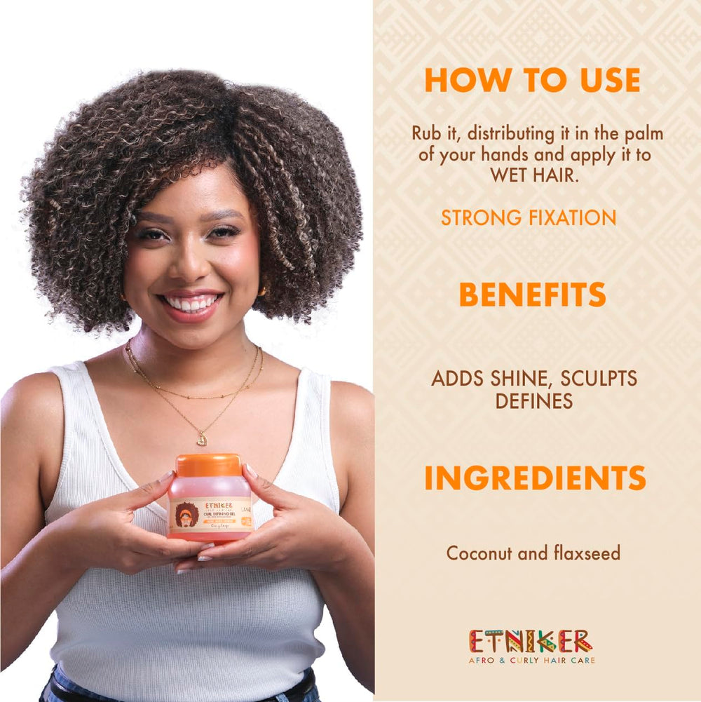 ETNIKER Curl Defining Gel applied to wet hair for defined curls.