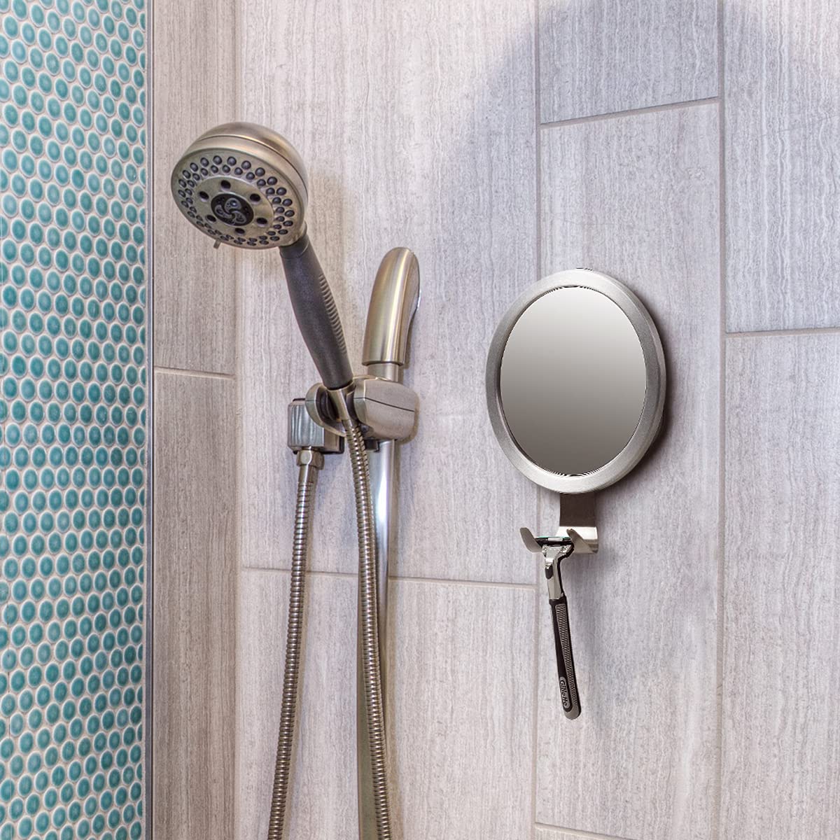 Ettori modern round shower mirror enhances bathroom aesthetics.