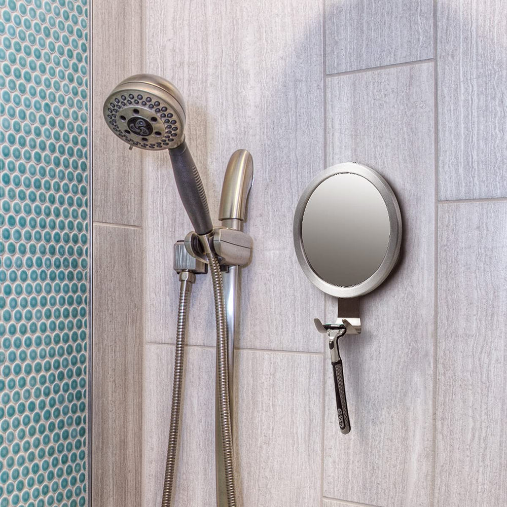 Ettori modern round shower mirror enhances bathroom aesthetics.