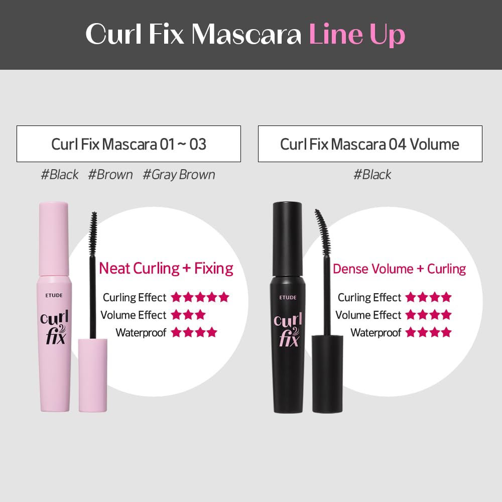 ETUDE Curl Fix Mascara application demo shows clump-free, defined lashes with enhanced volume.