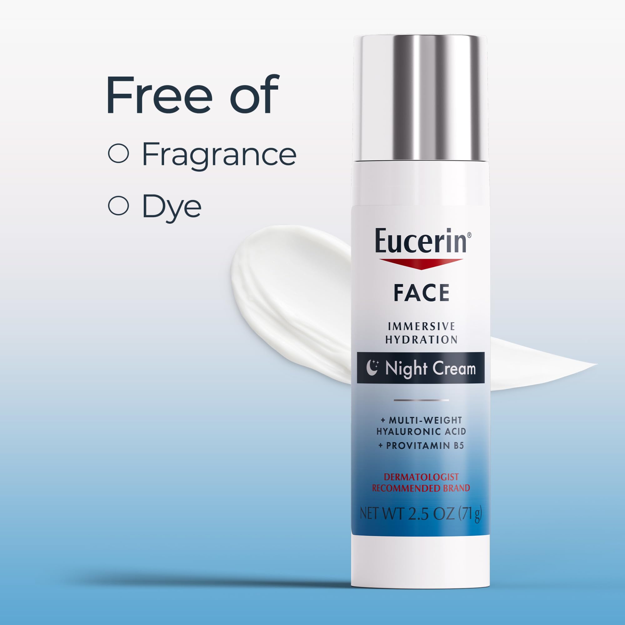 Eucerin 2.5-ounce bottle shown for daily night cream routine.