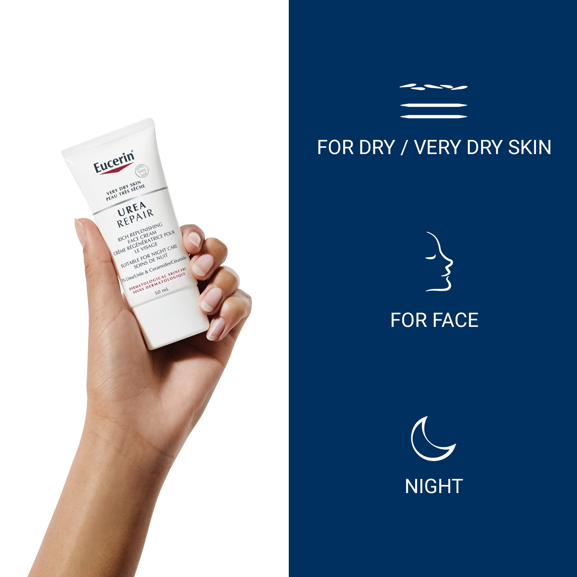 Eucerin 5% Urea label close-up showing moisture-boosting formula.