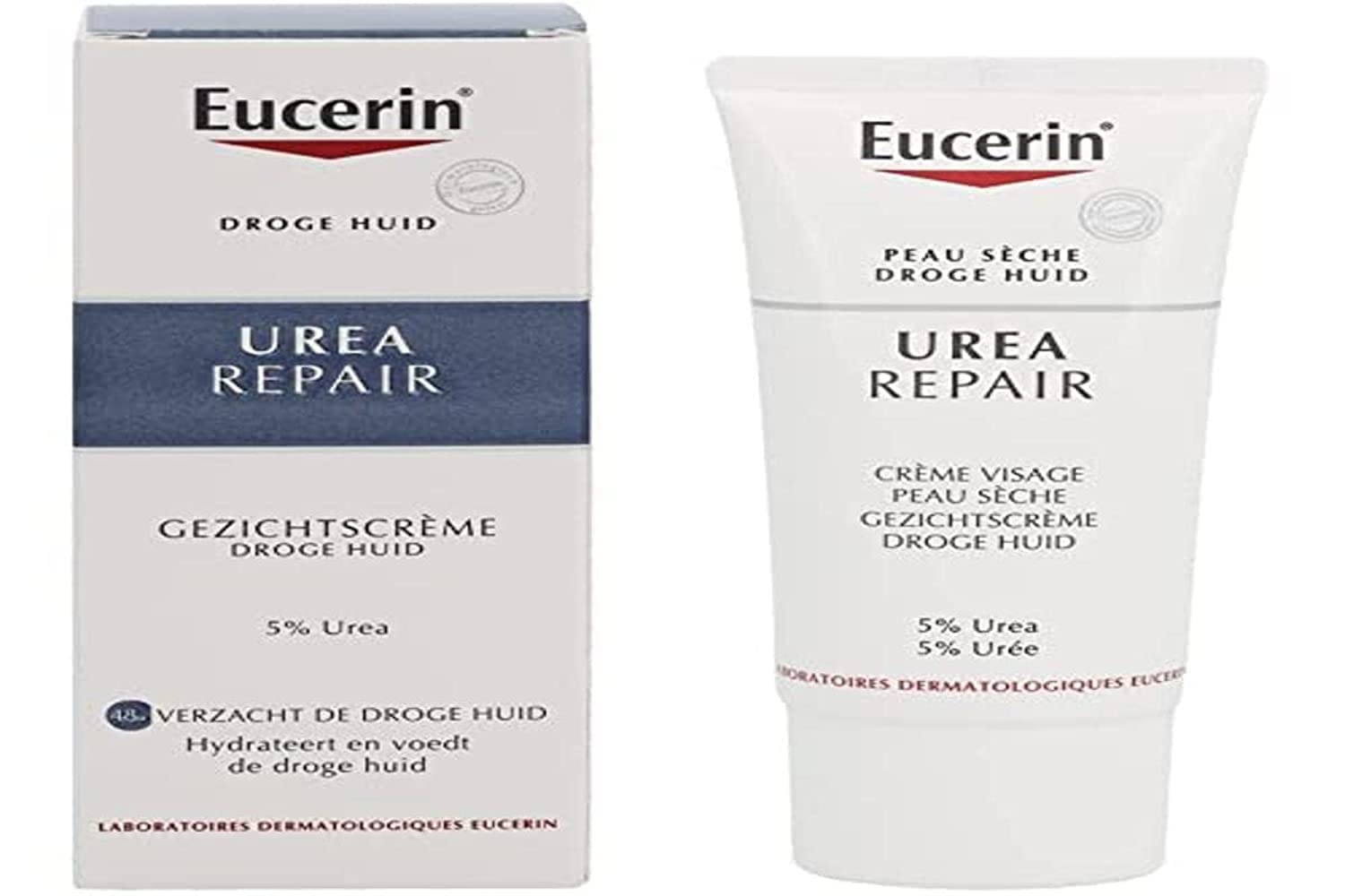 Eucerin 5% Urea Face Cream tube for dry skin hydration.