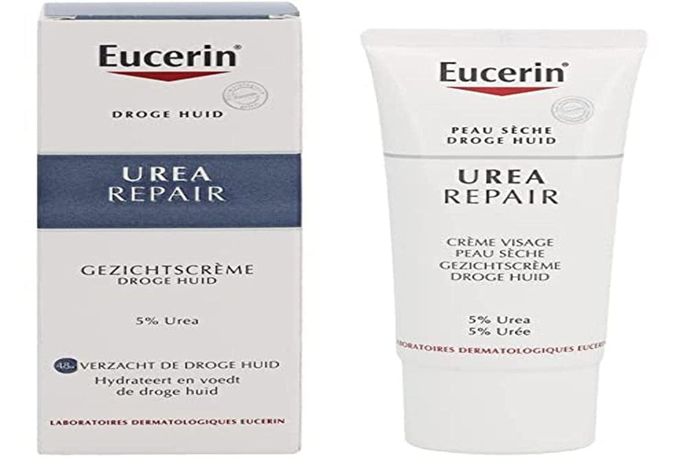 Eucerin 5% Urea Face Cream tube for dry skin hydration.