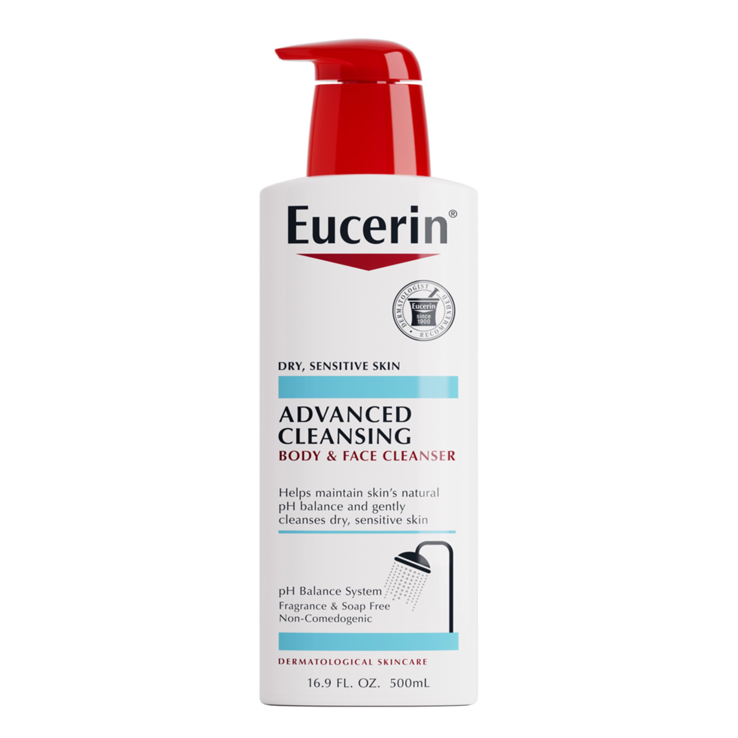 Eucerin Advanced Cleansing bottle front view showing fragrance-free formula for sensitive skin.