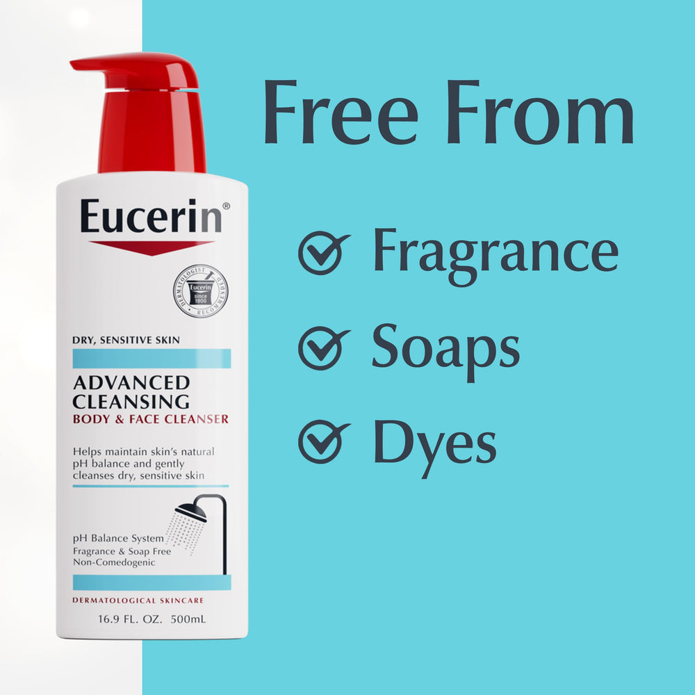Eucerin Advanced Cleansing soap-free formula supports comfortable cleansing for sensitive skin.