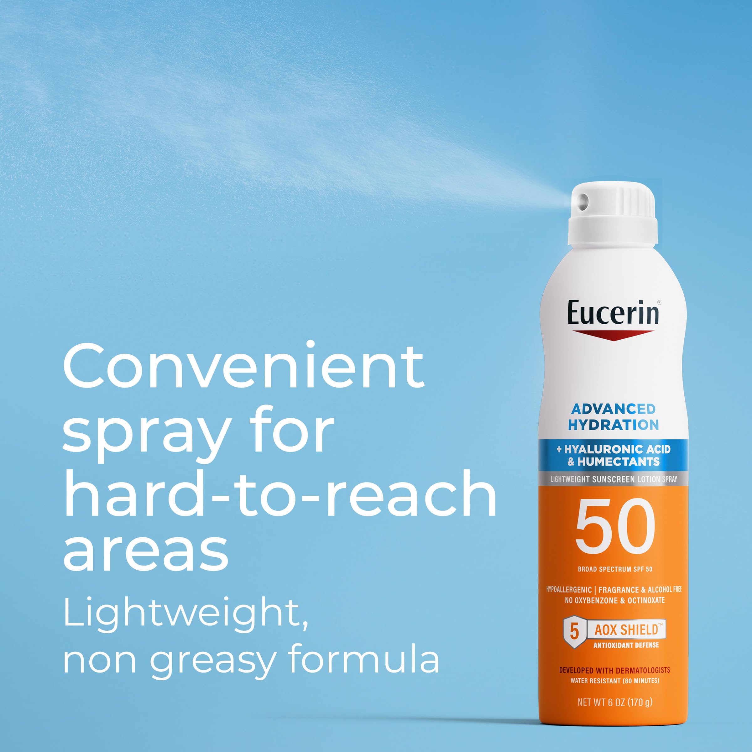 Eucerin Advanced Hydration SPF50 Sunscreen Spray dry finish emphasizes invisible coverage on exposed areas
