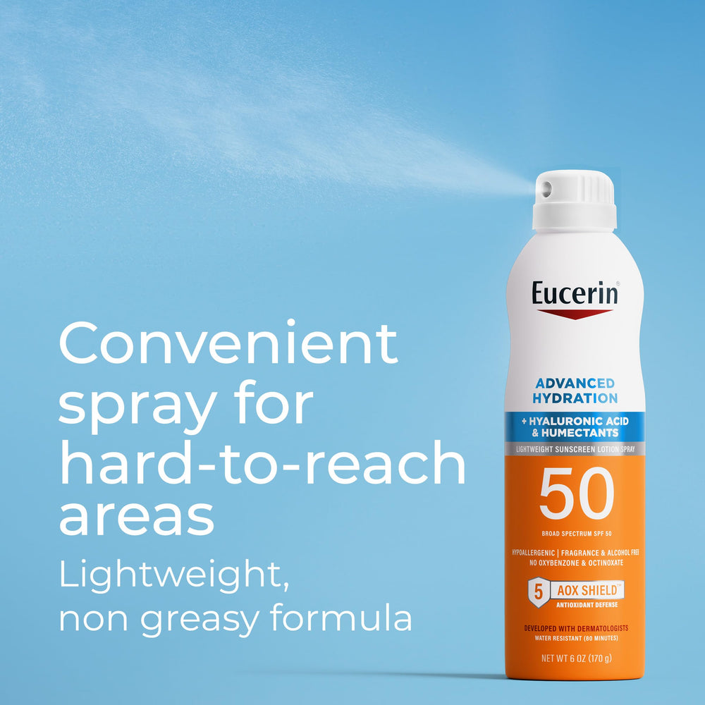 Eucerin Advanced Hydration SPF50 Sunscreen Spray dry finish emphasizes invisible coverage on exposed areas