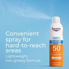 Eucerin Advanced Hydration SPF50 Sunscreen Spray dry finish emphasizes invisible coverage on exposed areas