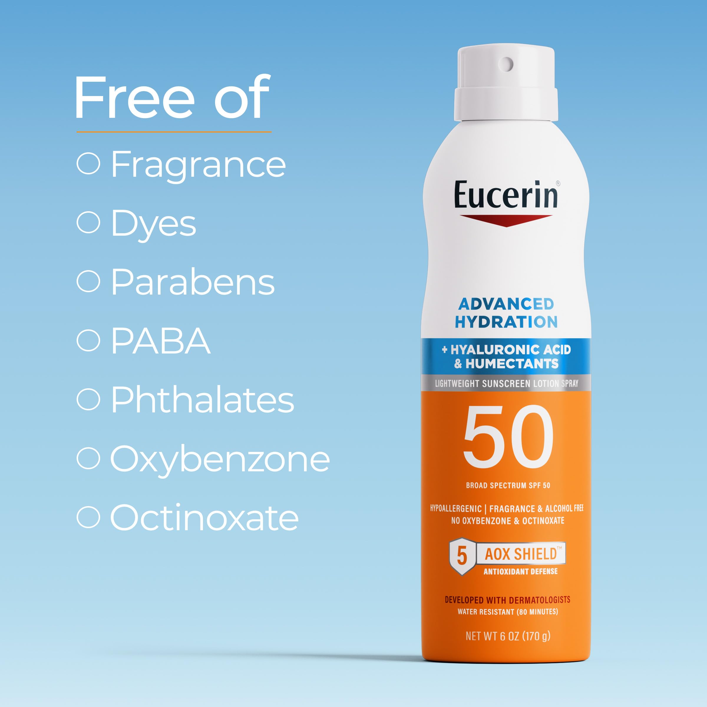 Eucerin Advanced Hydration SPF50 Sunscreen Spray fragrance free packaging suggests gentle use on sensitive skin