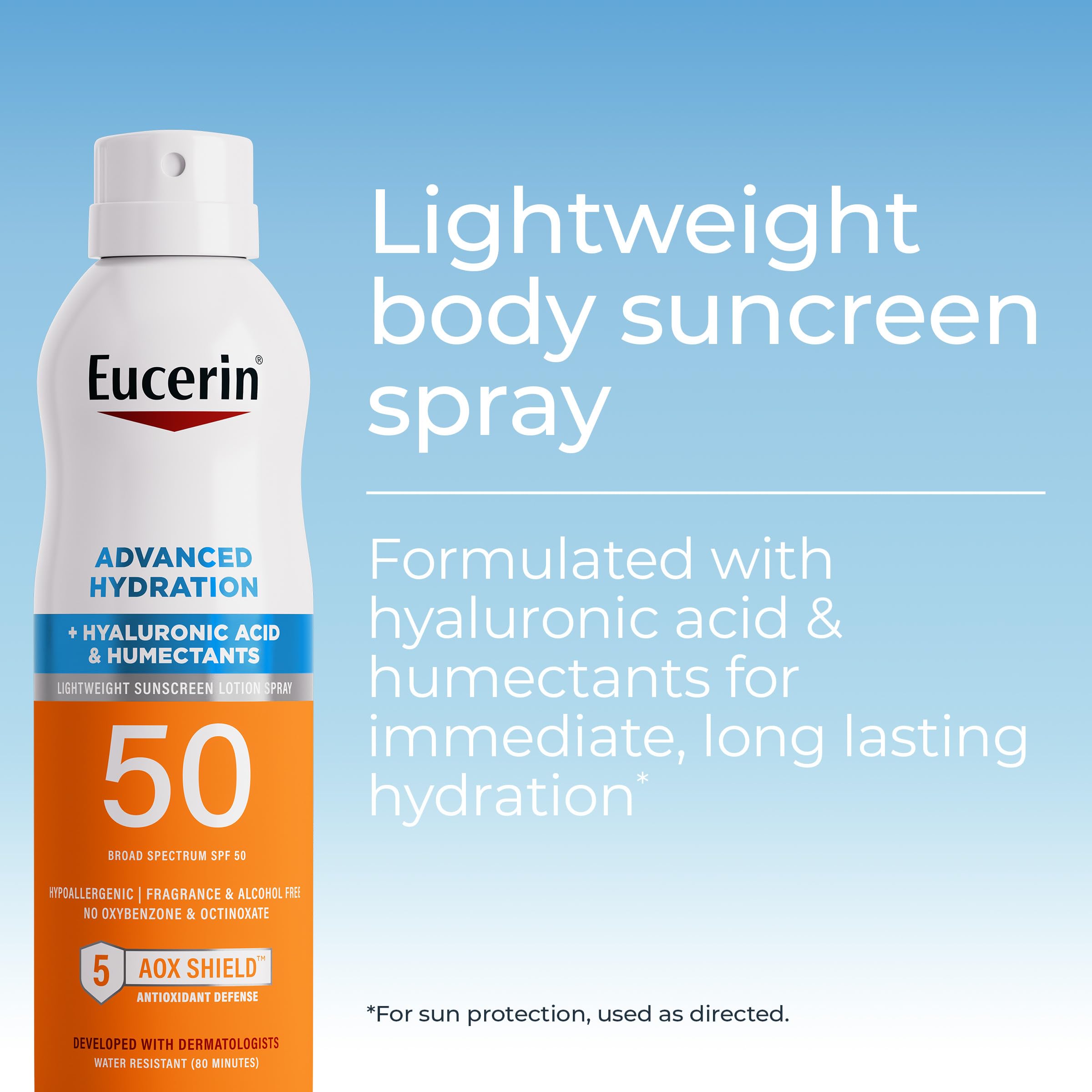 Eucerin Advanced Hydration SPF50 Sunscreen Spray label detail highlights fragrance free sensitive skin
