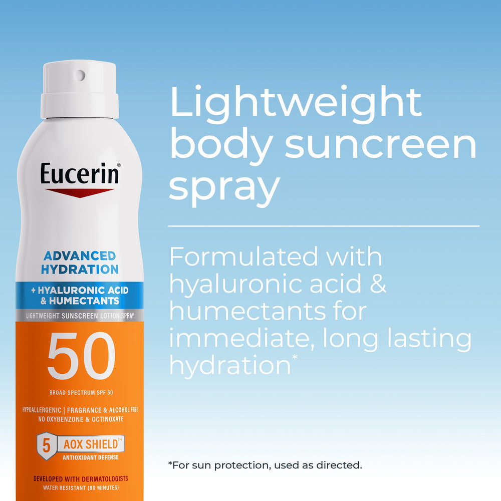 Eucerin Advanced Hydration SPF50 Sunscreen Spray label detail highlights fragrance free sensitive skin
