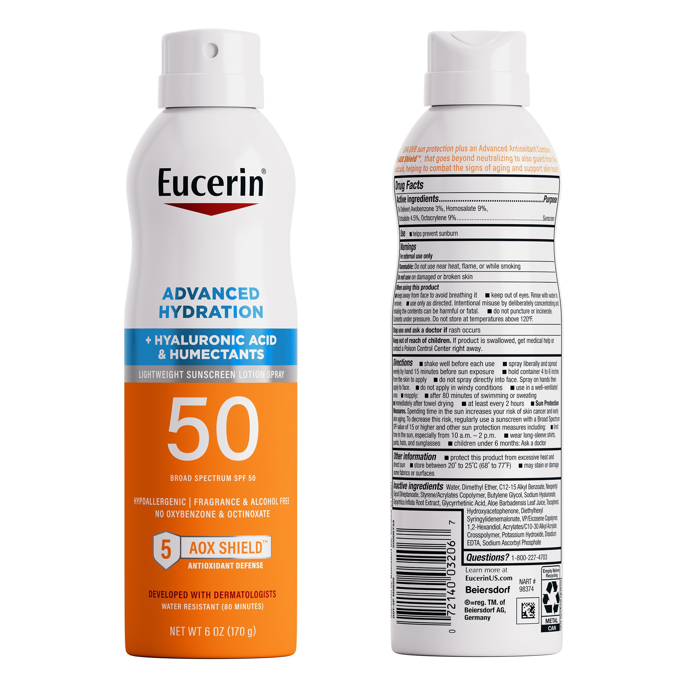 Eucerin Advanced Hydration SPF50 Sunscreen Spray non comedogenic claim visual on smooth skin