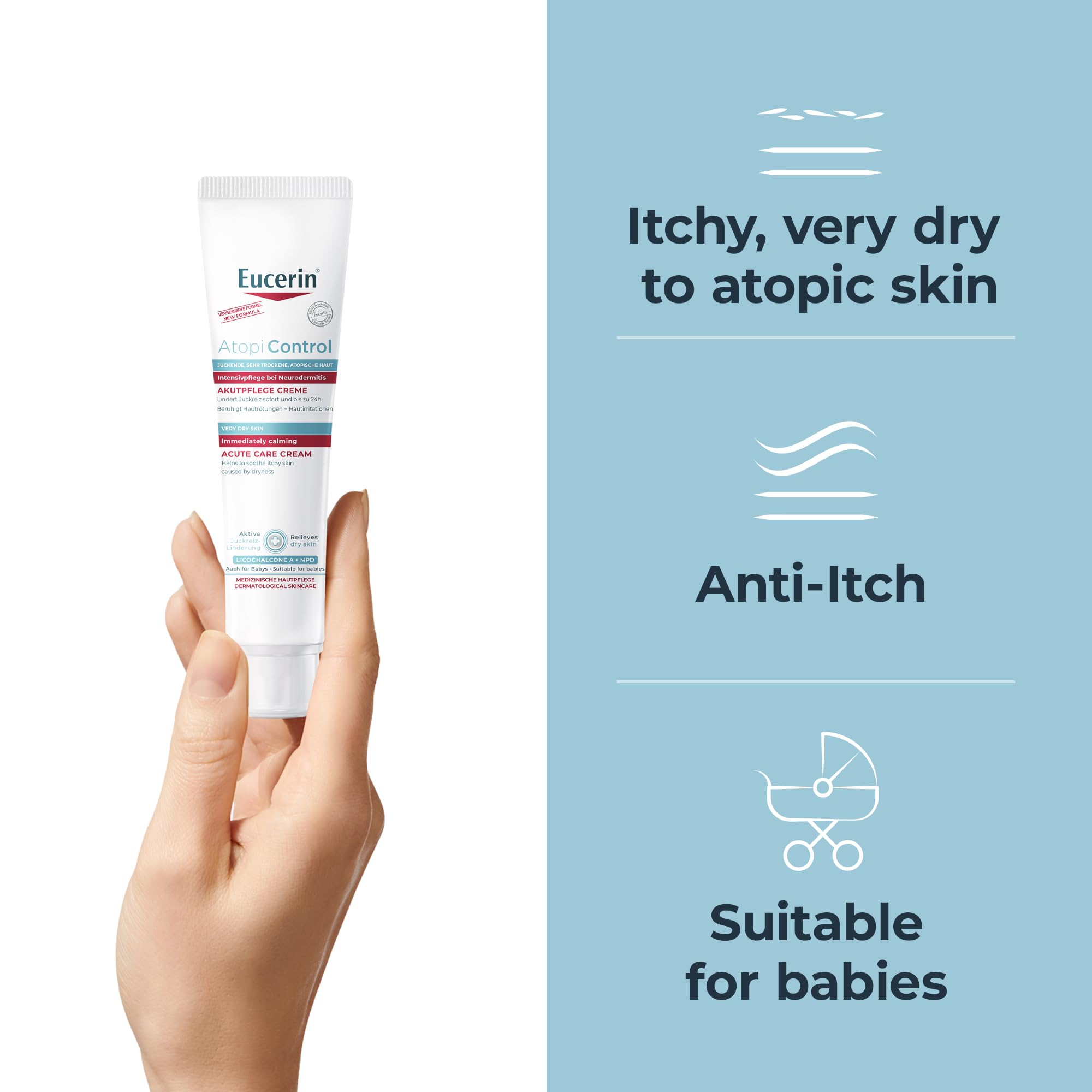 Eucerin AtopiControl Intensive Calming Cream 40ml pump-dispenser demonstrates easy daily application