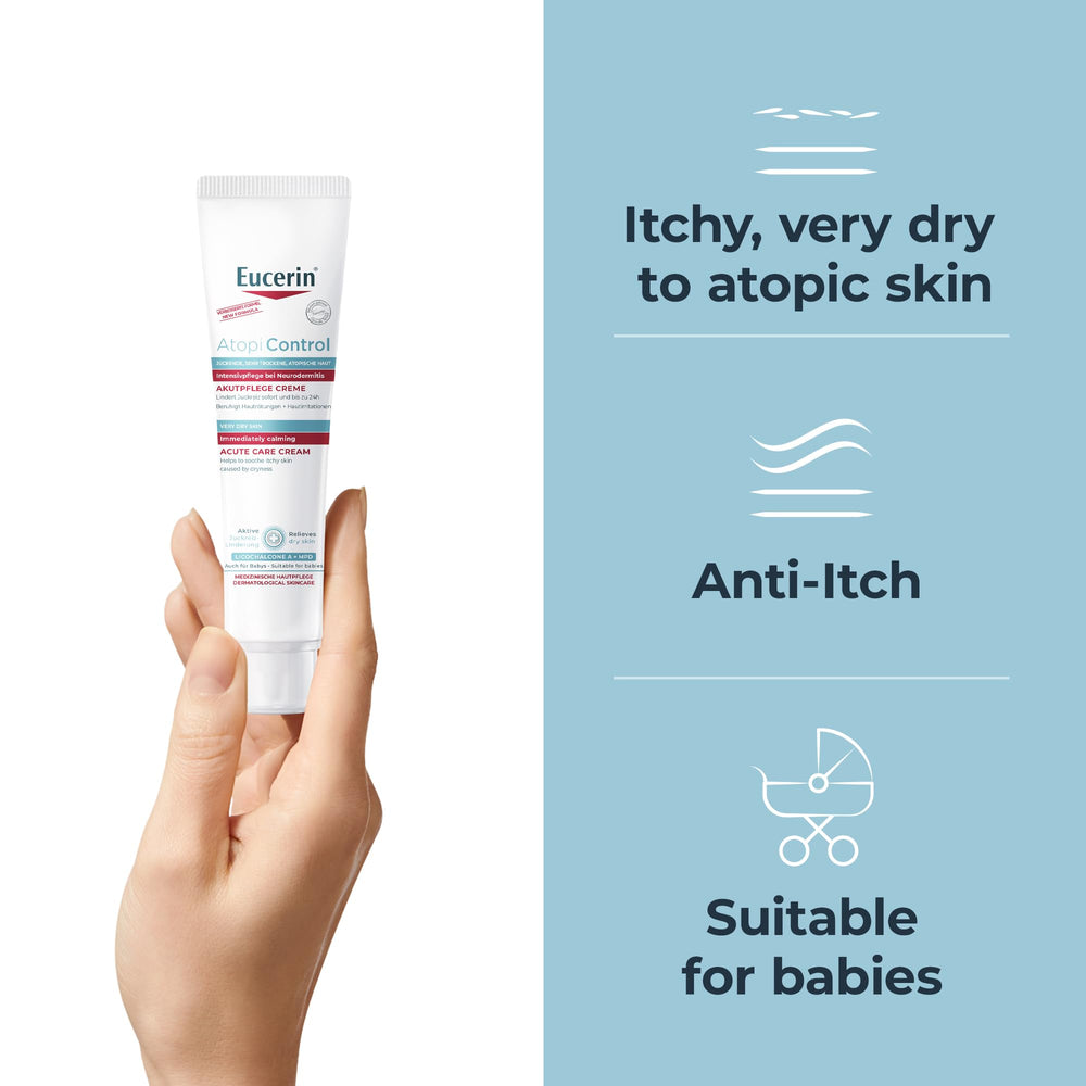 Eucerin AtopiControl Intensive Calming Cream 40ml pump-dispenser demonstrates easy daily application