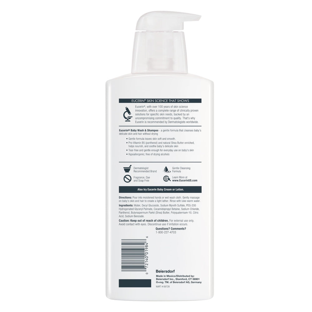 Eucerin Baby Unscented Shampoo is applied to baby's skin and hair during bath time for gentle cleansing.