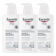 Eucerin Baby Unscented Shampoo and Body Wash bottle with pump shows gentle cleansing for skin and hair.