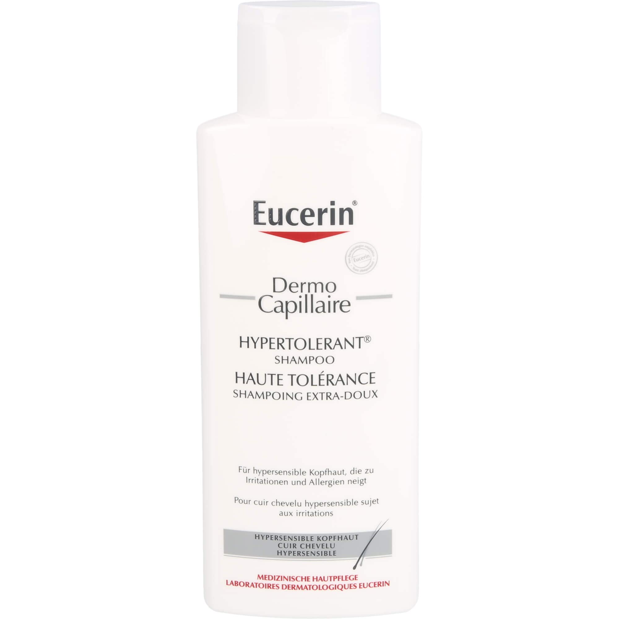 Eucerin Dermo Capillaire Shampoo on bathroom scene emphasizes daily comfort and care.
