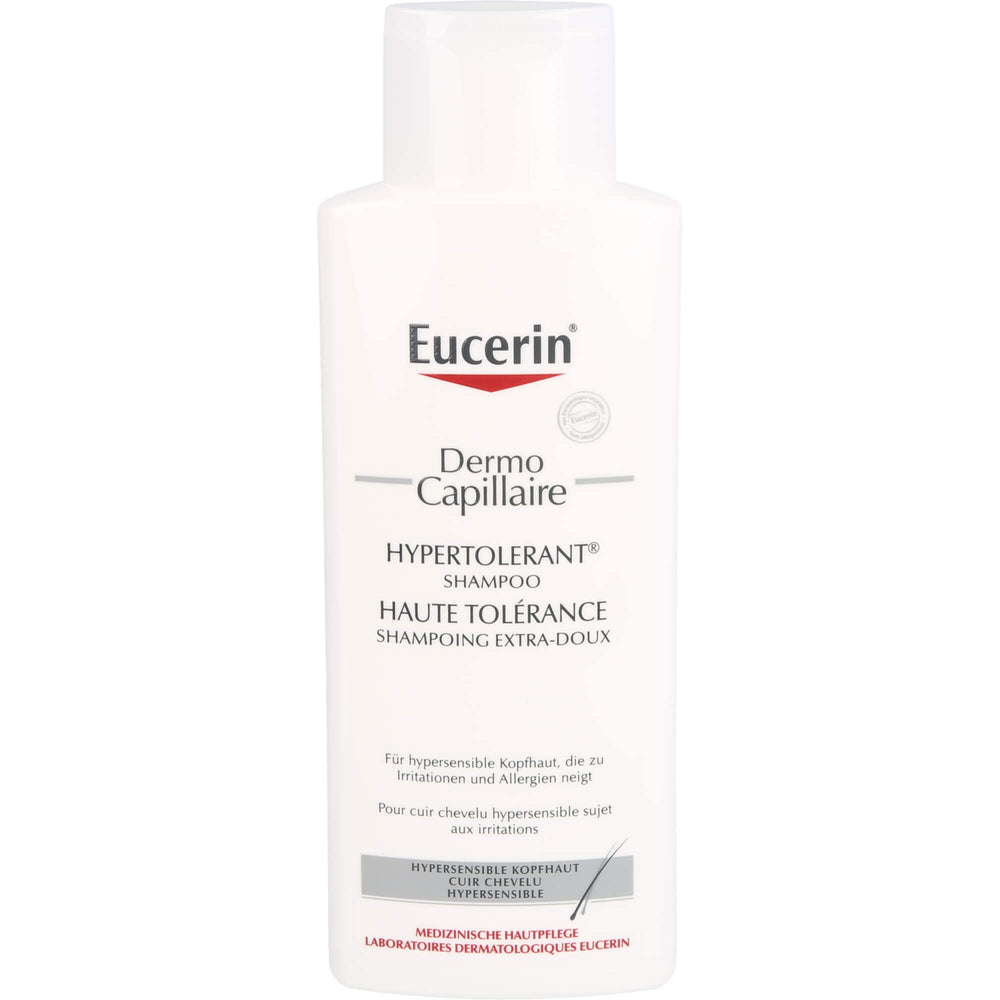 Eucerin Dermo Capillaire Shampoo on bathroom scene emphasizes daily comfort and care.