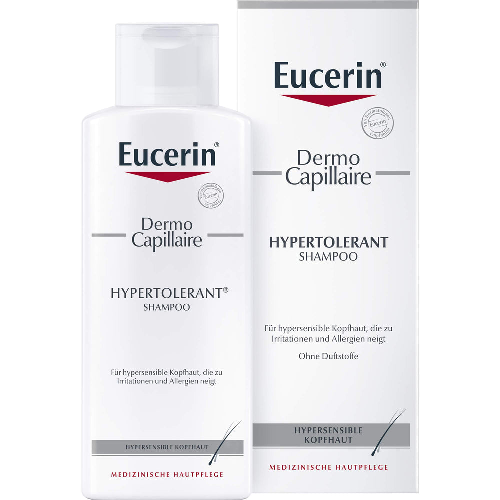 Eucerin Dermo Capillaire Shampoo foam-lather image suggests soothing cleanse.