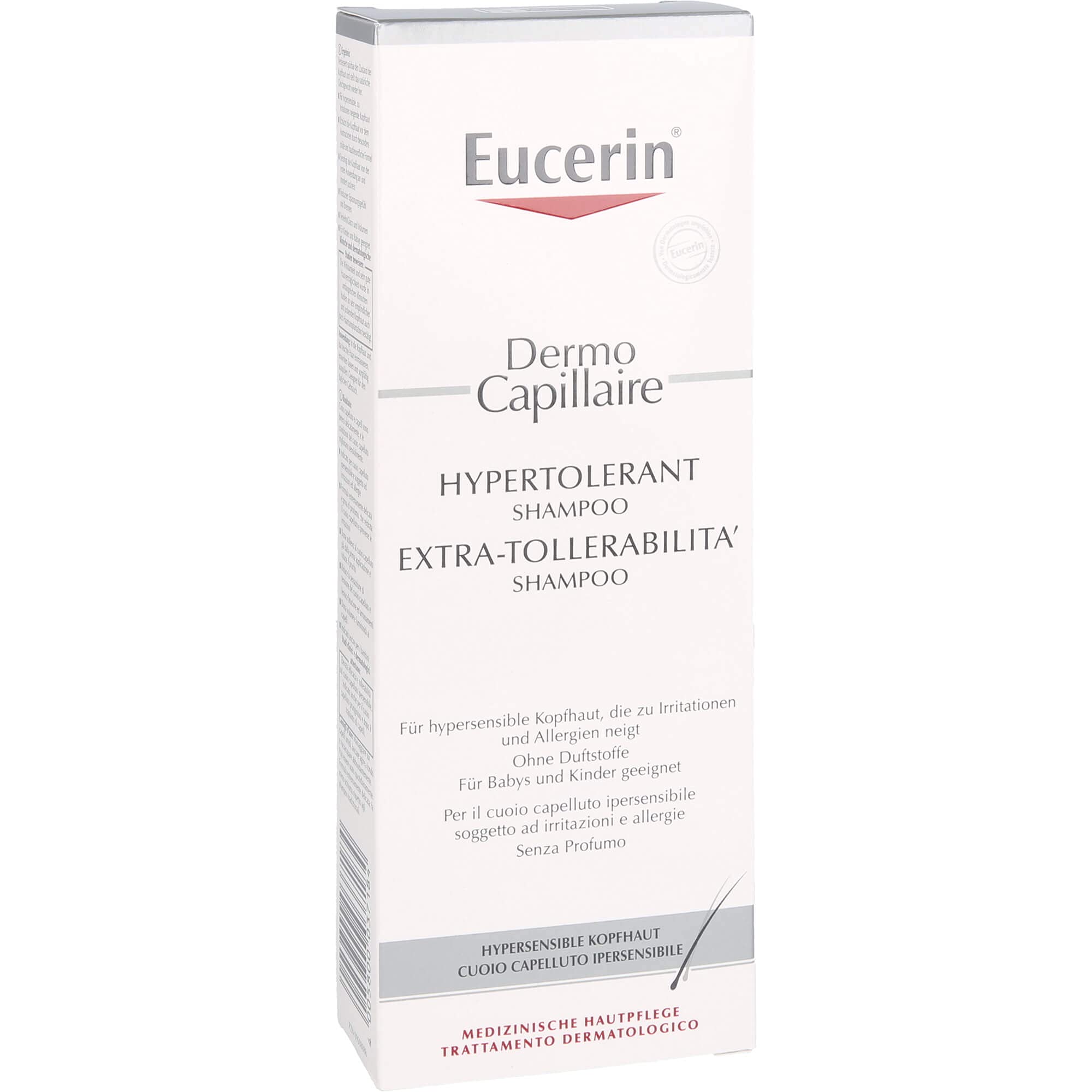Eucerin Dermo Capillaire Shampoo label emphasizes high tolerability for hypersensitive scalps.
