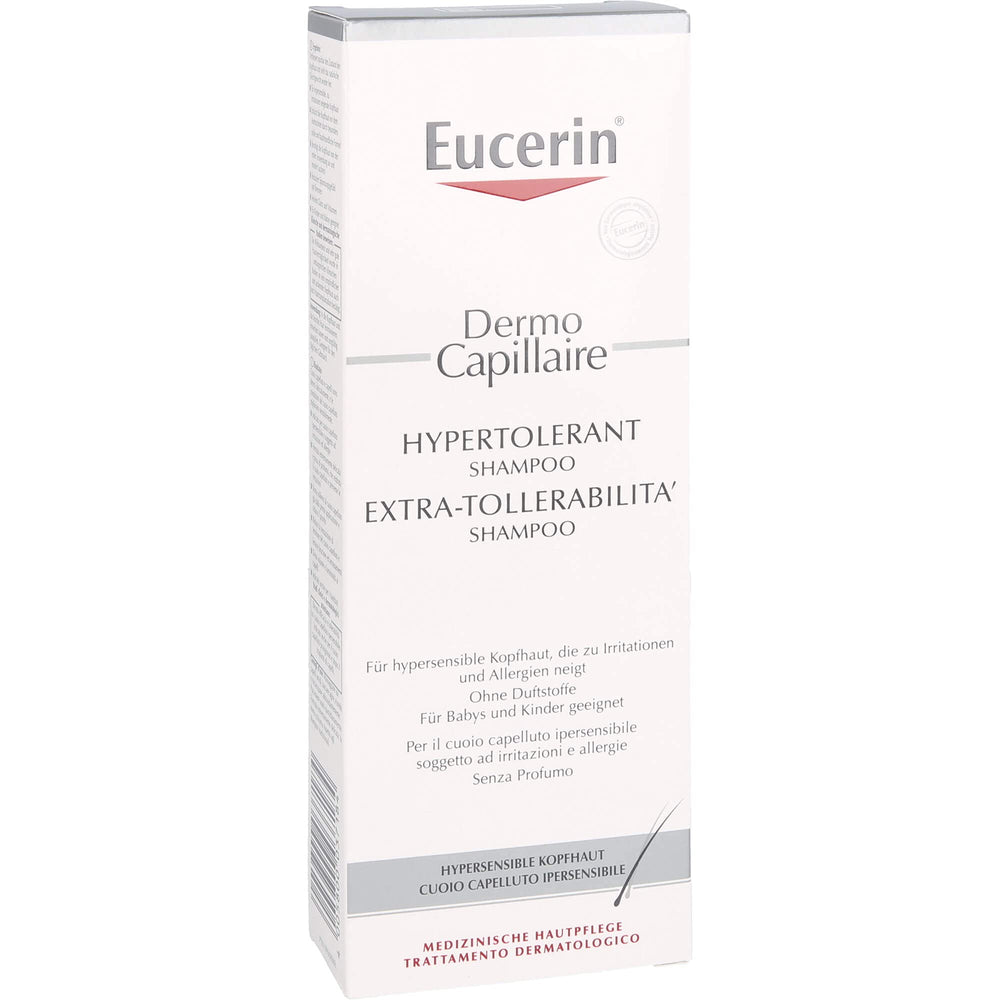 Eucerin Dermo Capillaire Shampoo label emphasizes high tolerability for hypersensitive scalps.
