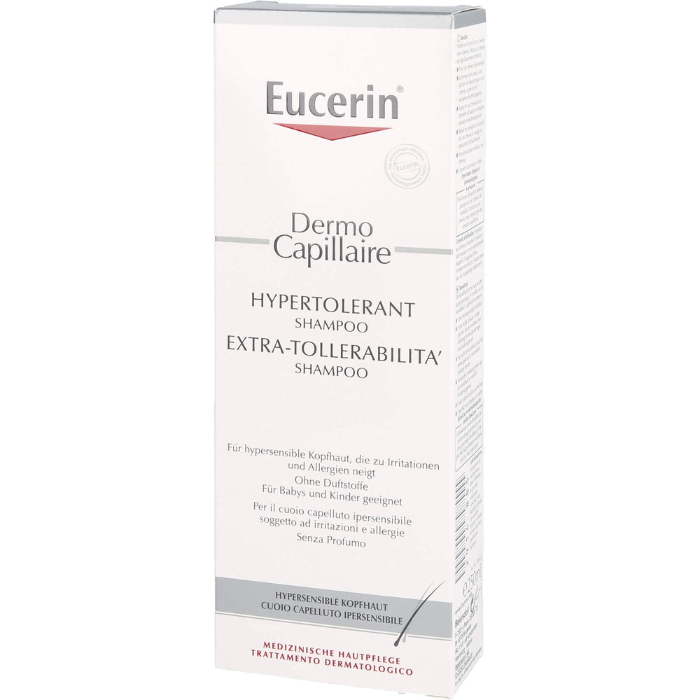 Eucerin Dermo Capillaire Shampoo packaging highlights 250 ml size and gentle care.