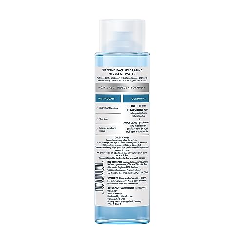 Closeup of Eucerin micellar water bottle highlighting fragrance-free formula for sensitive skin