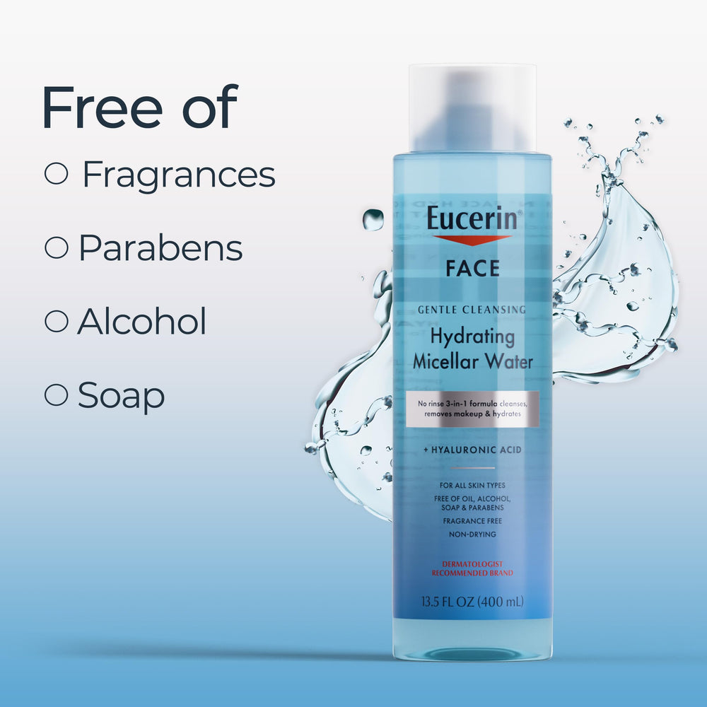 No-rinse feature of Eucerin micellar water shown on clean skin