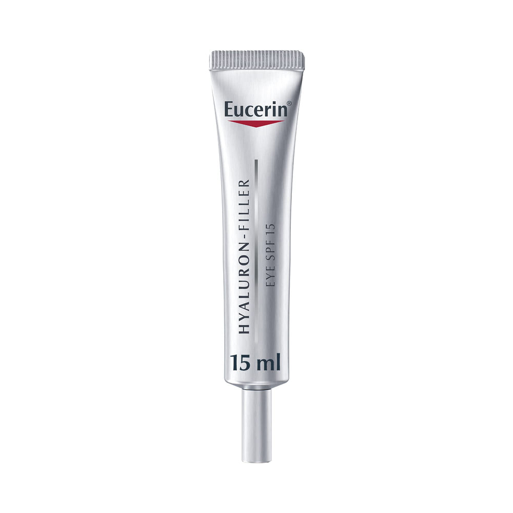 Eucerin Hyaluron Filler Eye Treatment tube closeup showing hydrating formula