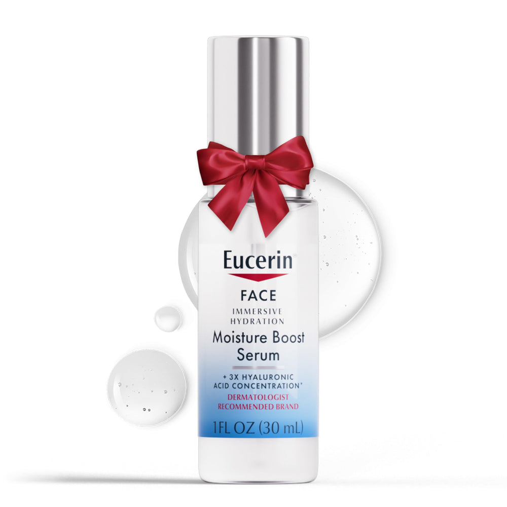 Eucerin Immersive Hydration Serum bottle on a clean vanity for daily hydration