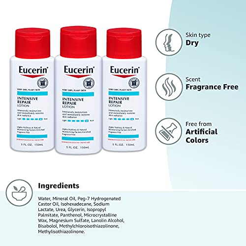 Eucerin Intensive Repair Lotion label closeup reinforces fragrance-free, paraben-free, dye-free claims