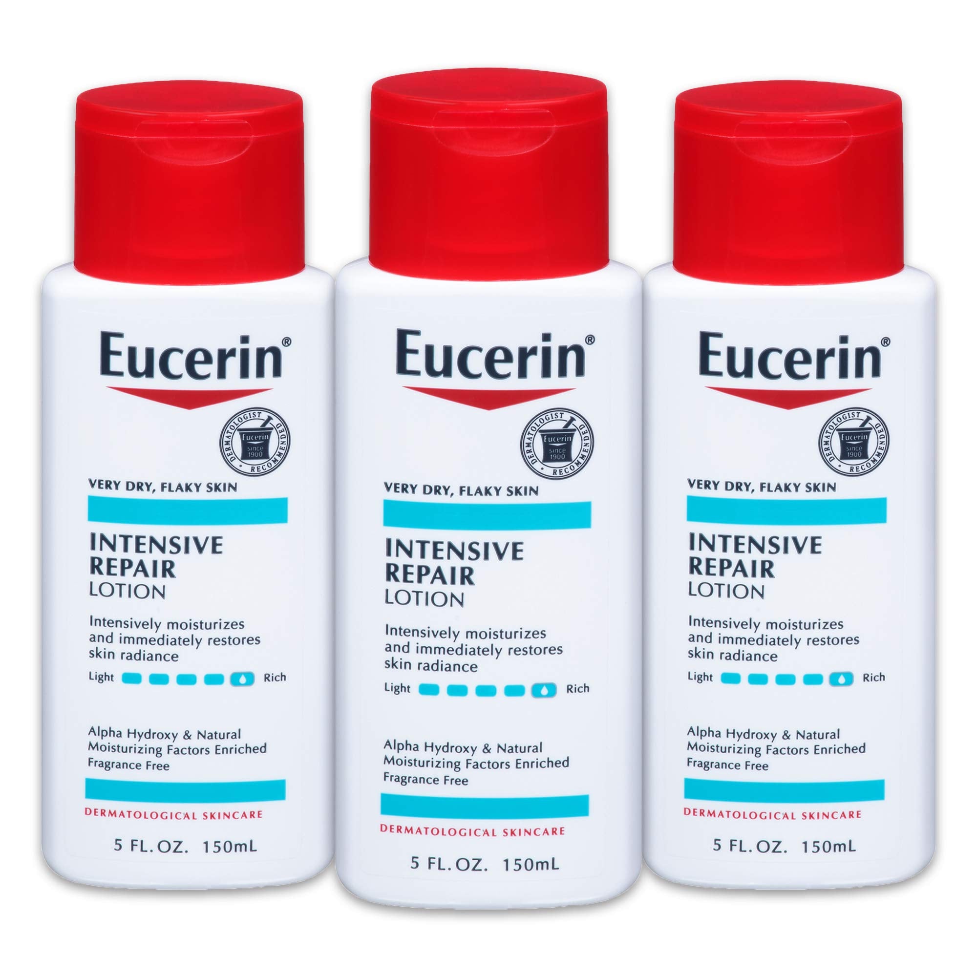 Eucerin Intensive Repair Lotion bottle pack shows three 5 oz bottles for daily very dry skin care