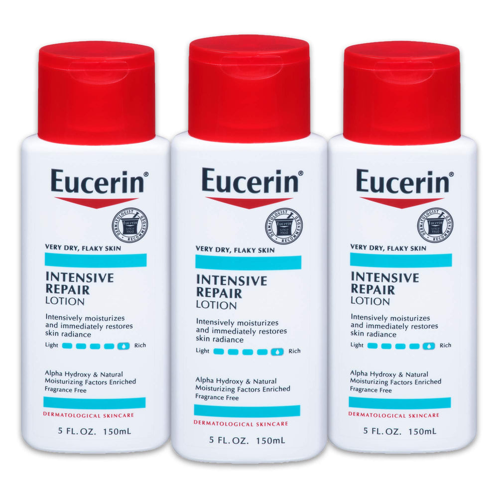 Eucerin Intensive Repair Lotion bottle pack shows three 5 oz bottles for daily very dry skin care
