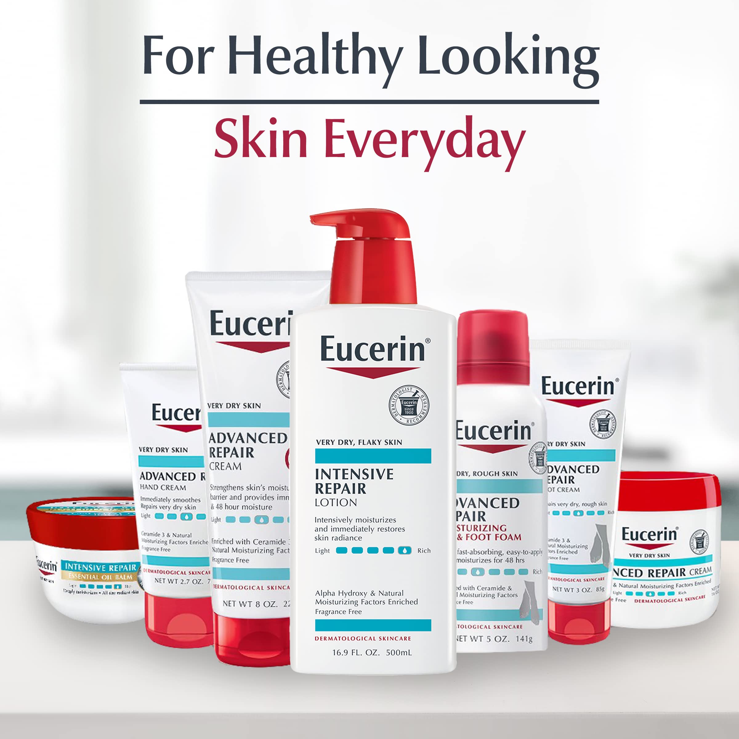 Eucerin Intensive Repair Lotion packaging shows convenient triple 5oz bottle option