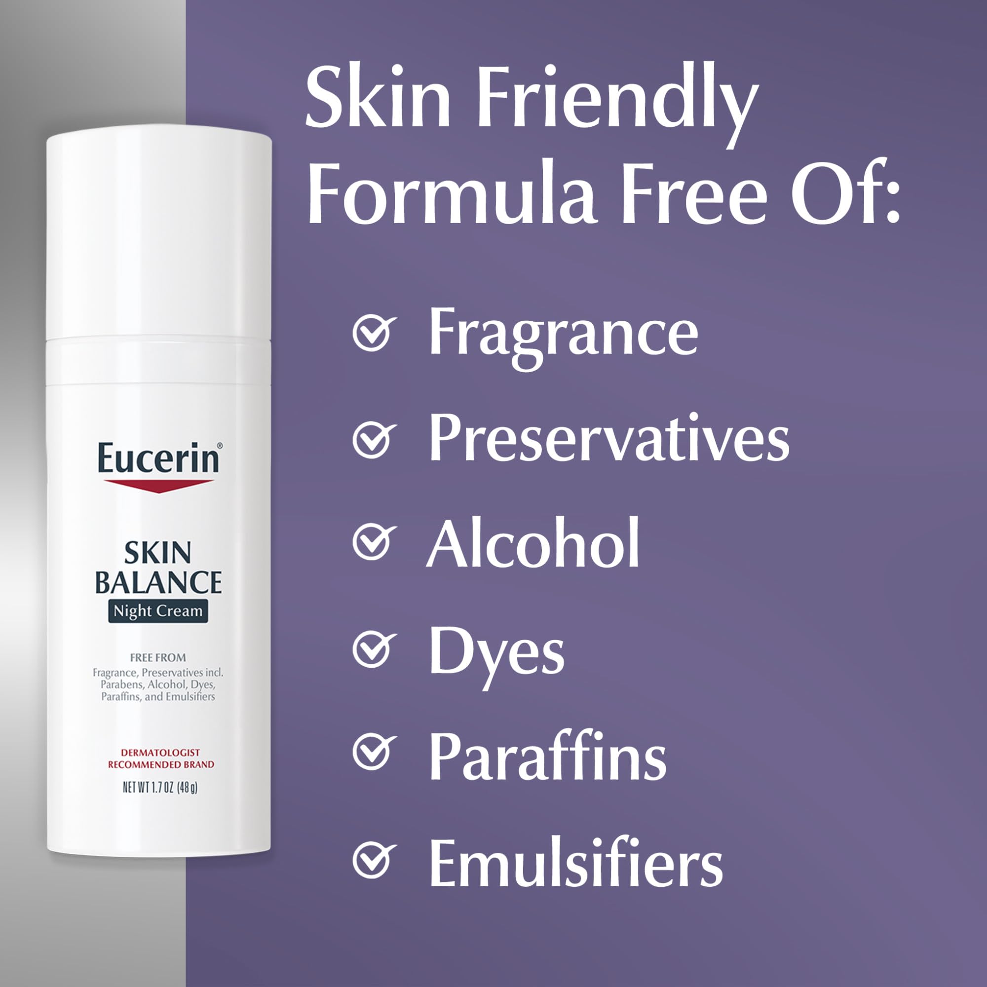 Eucerin Non-comedogenic label on night cream jar, designed not to clog pores.