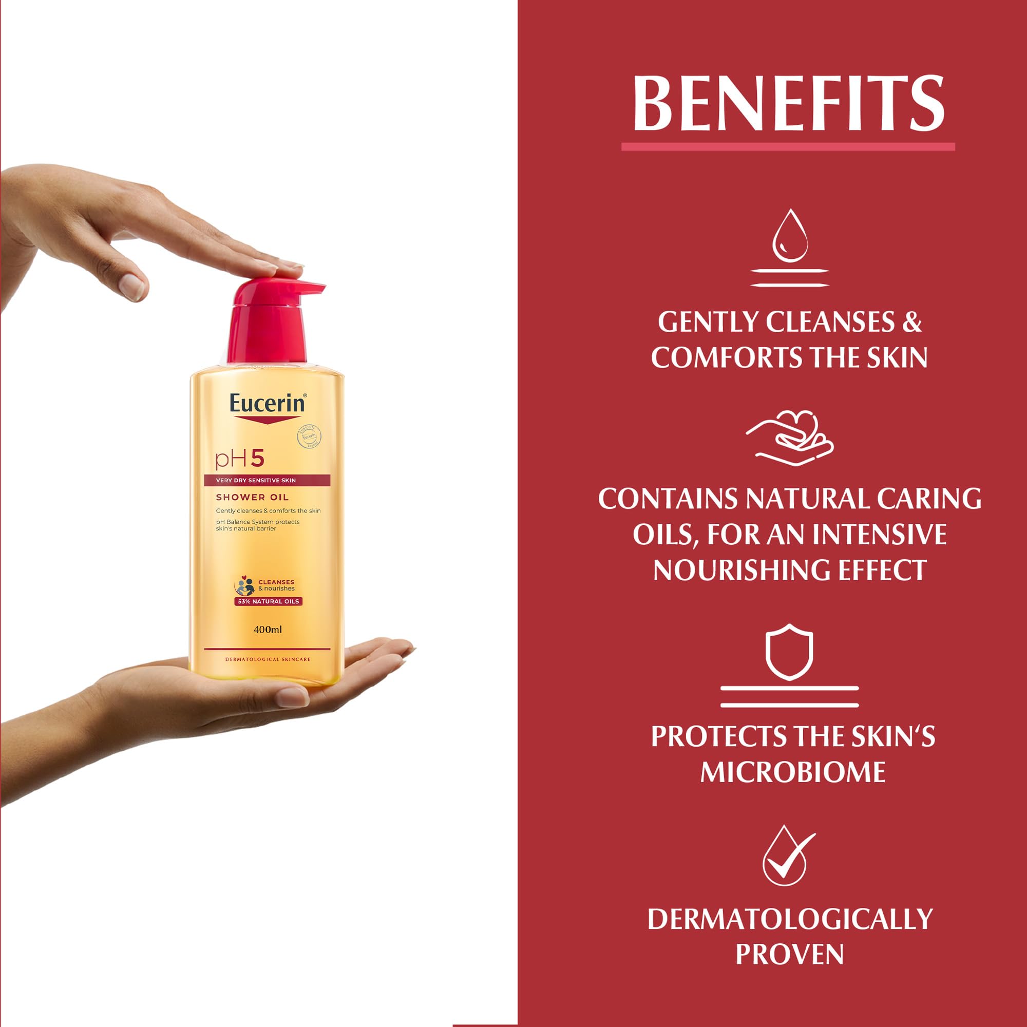 Eucerin pH5 Shower Oil includes Dexpanthenol for moisture and renewal support.