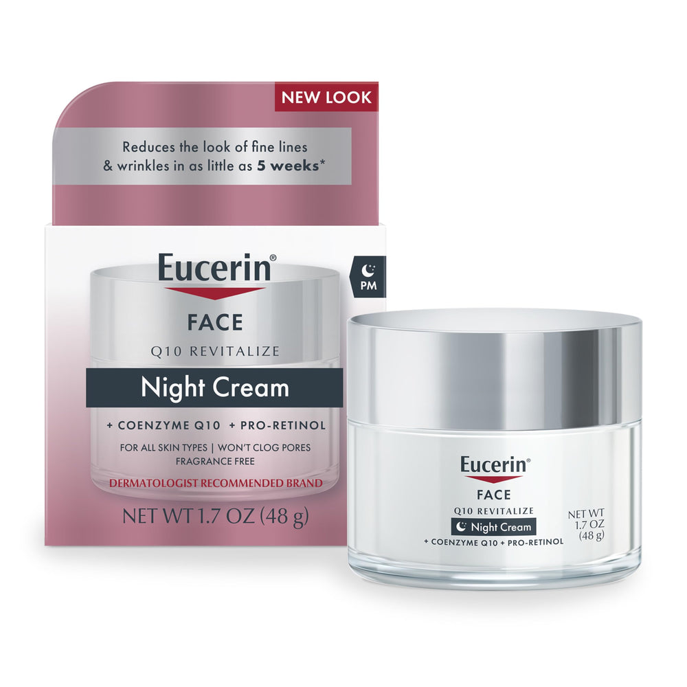 Eucerin Q10 Anti-Wrinkle Night Cream jar overnight hydration to soften fine lines