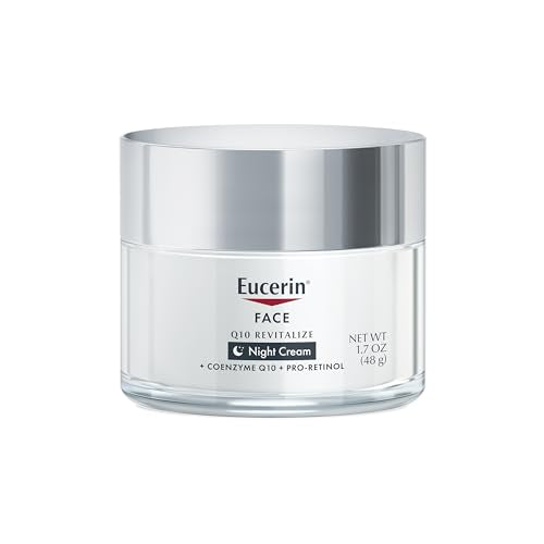 Eucerin Q10 night cream closeup label shows fragrance-free, gentle formula for sensitive skin
