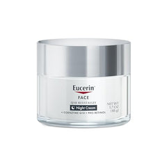Eucerin Q10 night cream closeup label shows fragrance-free, gentle formula for sensitive skin