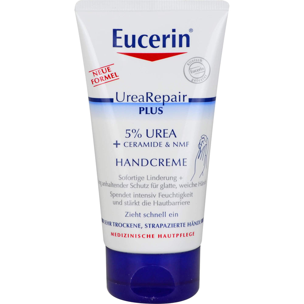 Eucerin Repairing Hand Cream 75ml bottle closeup showing quick absorption and hydration.