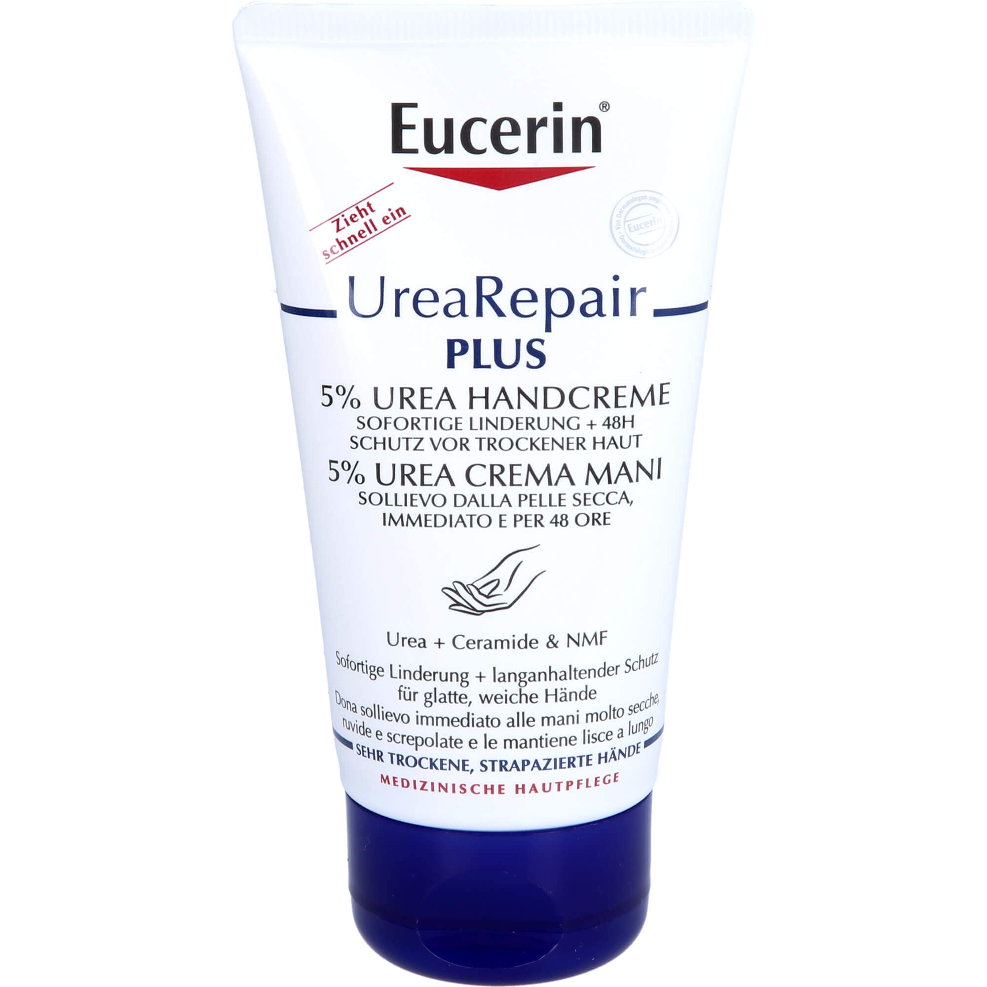 Eucerin Repairing Hand Cream texture image highlighting nourishing, non-greasy feel.