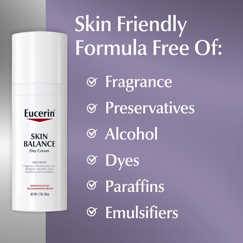 Eucerin Skin Balance Day Cream in airless pump protects formula during use.