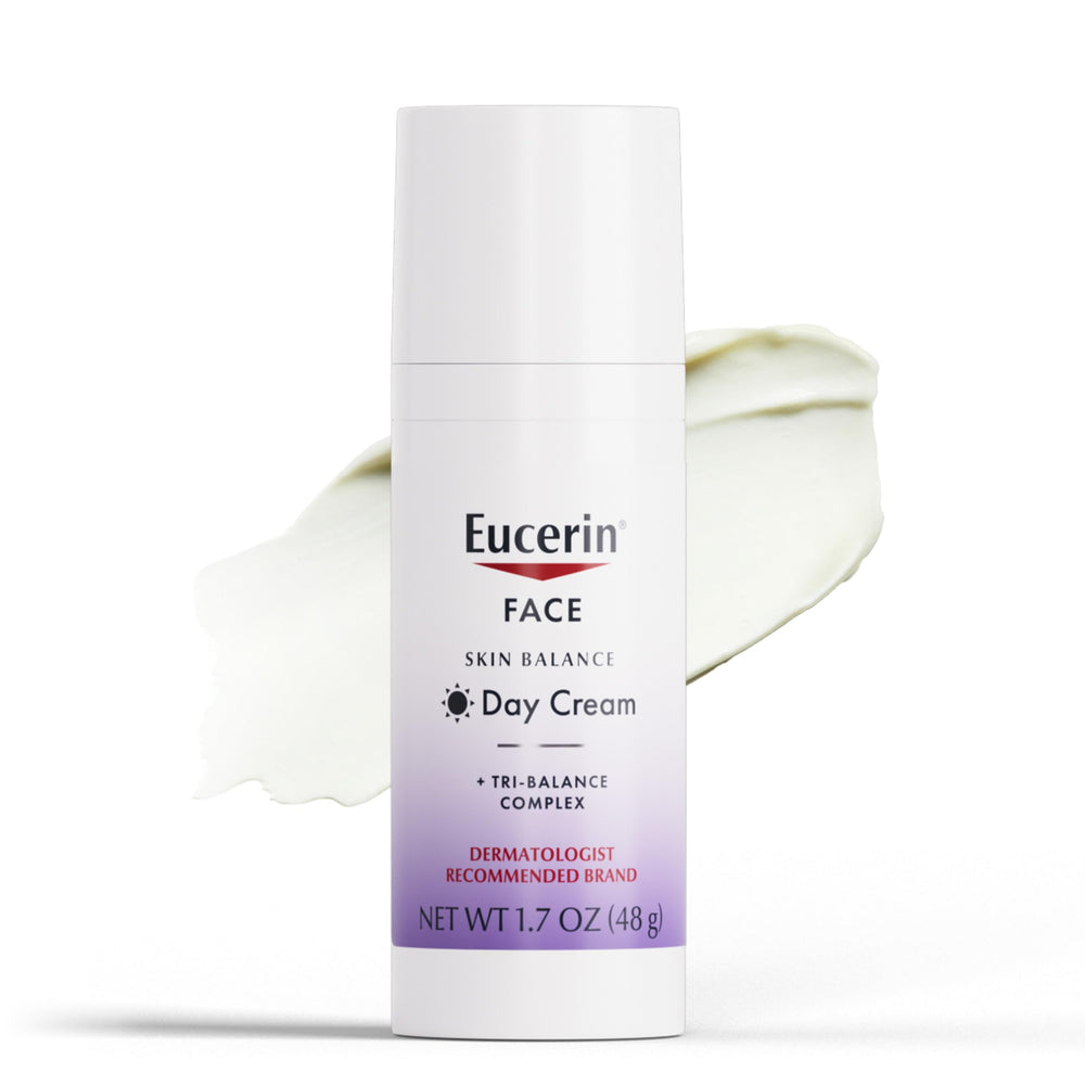 Eucerin Skin Balance Day Cream packaging highlights fragrance-free formula for sensitive skin care.