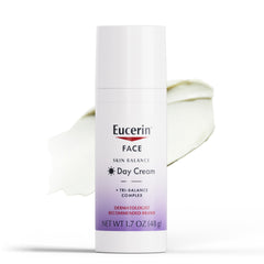 Eucerin Skin Balance Day Cream packaging highlights fragrance-free formula for sensitive skin care.