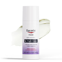 Eucerin Skin Balance Night Cream bottle shown, hydrating and soothing overnight for sensitive skin.