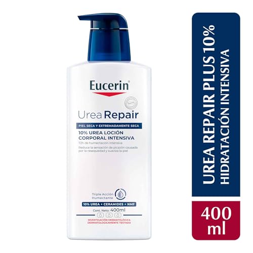 Eucerin Urea Repair Plus Intensive Lotion label closeup emphasizing trusted urea formula for daily moisturization