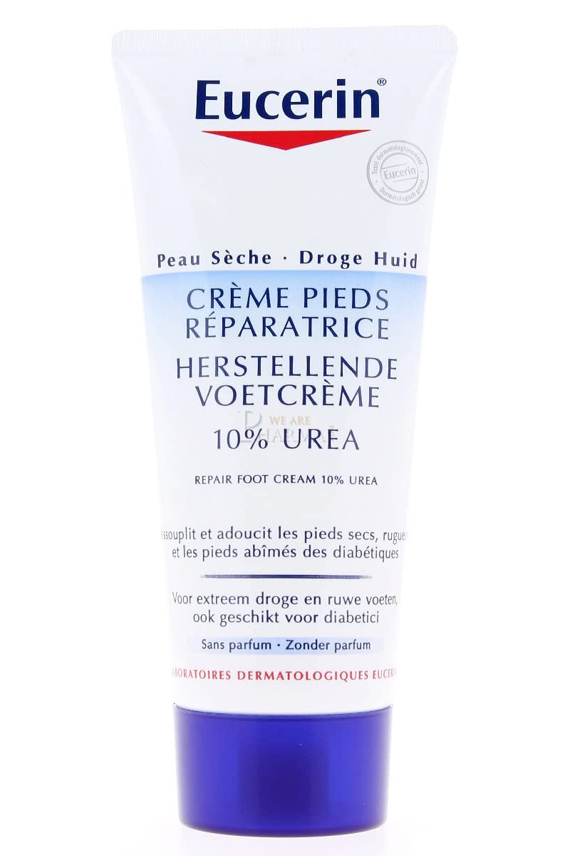Product label shows 10% urea for gentle exfoliation in Eucerin UreaRepair Plus.