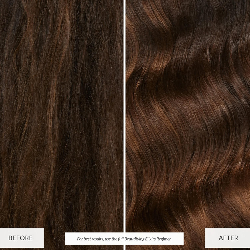 Eufora Beautifying Elixirs Bodifying Shampoo close-up shows color-treated hair protection and vibrant shine